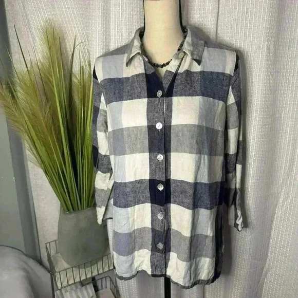 Soft Surroundings Women’s L Blue Check Back Zip Linen Long Sleeve Tunic Top - Picture 1 of 10